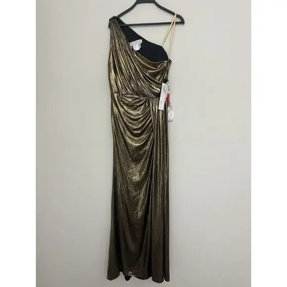 New IEENA For Mac Duggal Gold Metallic One-Shoulder Evening Gown Dress Size  8